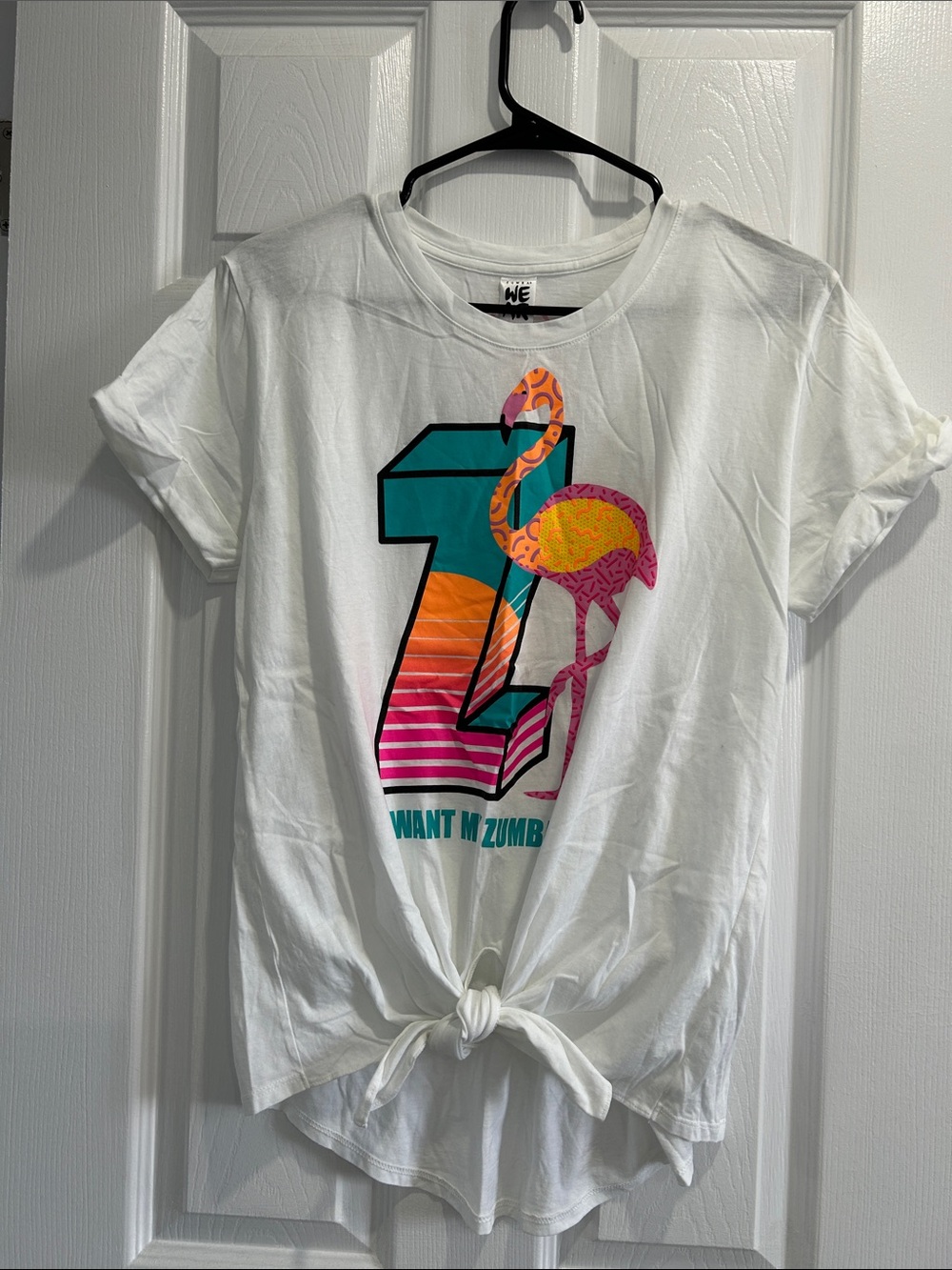 NWOT Zumba Fitness White Tee with Teal, Orange & Pink Flamingo Graphic